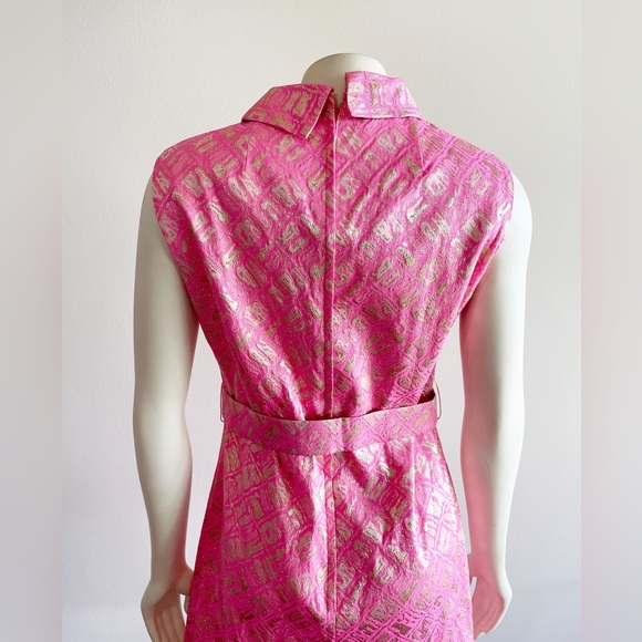 Richard Kaplan 1960s Pink Gold Metallic Thread Belted Vintage Shift Dress - Picture 12 of 16